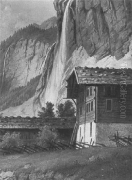 Staubbachfall Im Lauterbrunner Tal An Einem Sonnigen Tag Oil Painting by Hubert Sattler