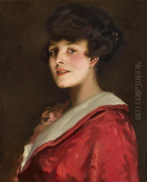 A Portrait Of A Lady In Red Dress Oil Painting by Robert Sauber