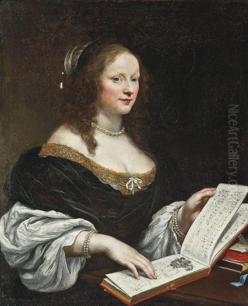 Portrait Of A Lady, Half-length, In A Blue Dress, A Pearl Necklace And Bracelets With An Open Book Of Music On The Table Oil Painting by Sebastian Bourdon