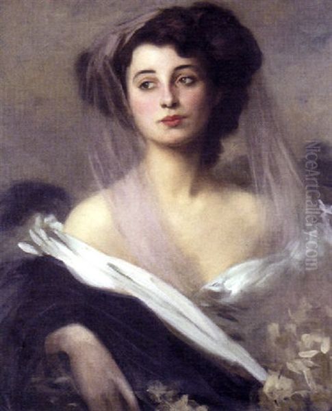 Portrait Of A Lady In Evening Dress Oil Painting by Robert Sauber