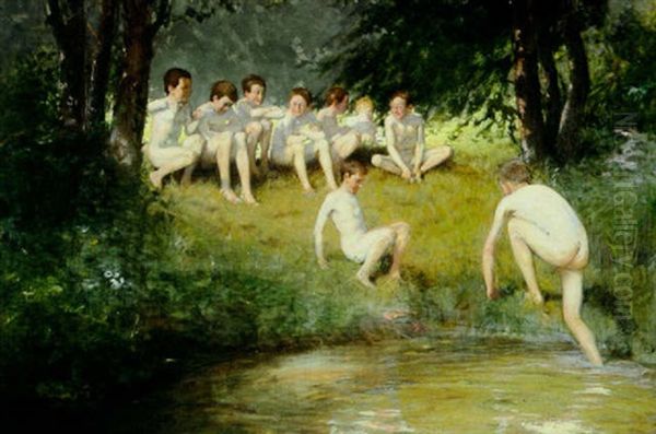 At The Swimming Hole Oil Painting by Josef Eduard Sauer