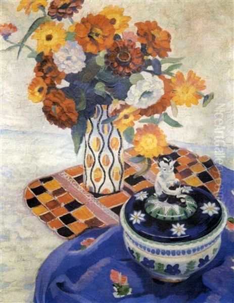 Nature Morte Aux Fleurs Variees Et Porcelaine by Walter Sauer