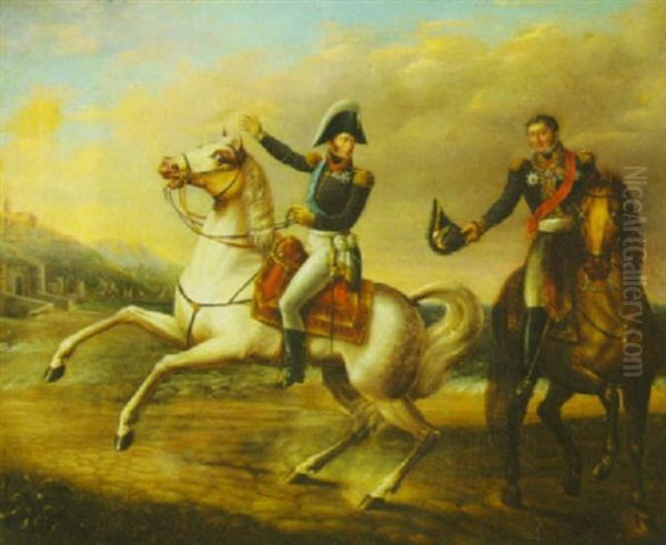 Napoleon And Alexander I, After The French Victory At The Battle Of Friedland, June 1807 Oil Painting by Alexander Ivanovich Sauerweid