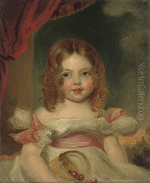 Portrait Of A Young Girl, In A White Dress With Pink Ribbons, A Basket Of Fruit In Her Lap Oil Painting by George Saunders