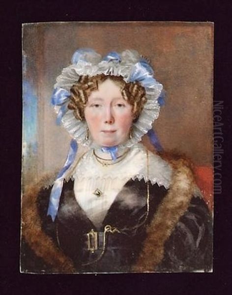 A Lady Wearing A Black Open Dress With White Underdress, A Fur Stole And White Bonnet Trimmed With Blue Ribbon, A Gold Lorgnette On A Chain At Her Neck Oil Painting by George Lethbridge Saunders