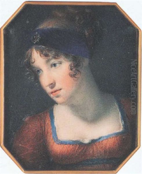 A Lady Wearing Rust-coloured Dress With Blue Trim, Matching Waistband And White Underslip, Her Hair Upswept And Dressed With A Bejewelled Blue Bandeau Oil Painting by George Lethbridge Saunders