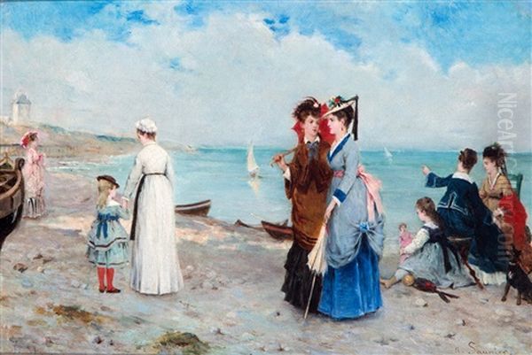 Vrouwen En Kinderen Op Het Strand / 'sur La Plage Oil Painting by Noel Saunier