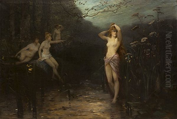 Le Bain Des Nymphes Oil Painting by Octave Alfred Saunier