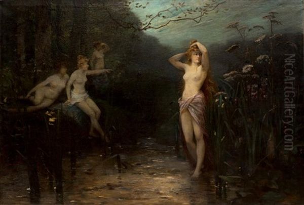 Le Bain Des Nymphes Oil Painting by Octave Alfred Saunier