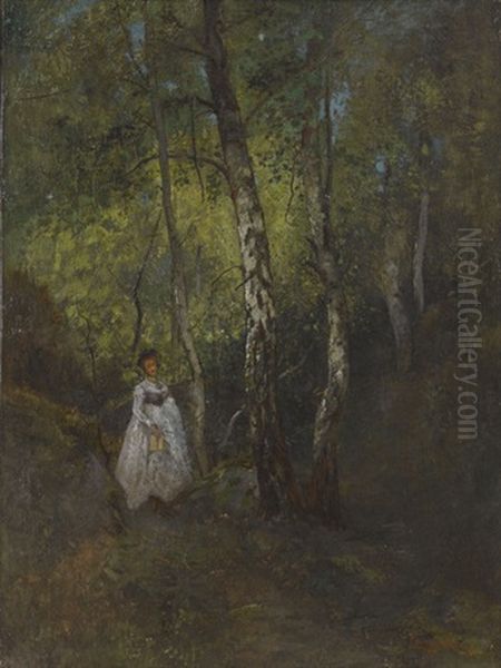 Waldweg Mit Dame Im Weissen Kleid Oil Painting by Octave Alfred Saunier