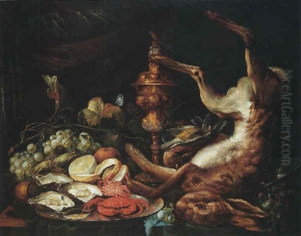 A Still Life Of A Dead Hare And Birds, With A Platter Of Seafood And A Lemon, With Grapes And Insects, And A Gilt Cup And Cover Oil Painting by Philip Saurland