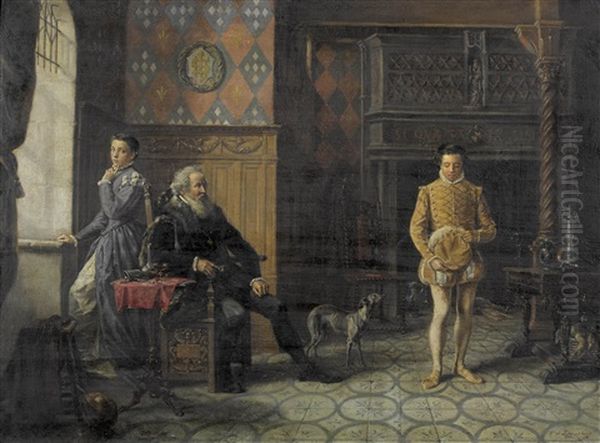 Historisierendes Schlossinterieur Mit Einer Familie Oil Painting by Theodore De Saussure