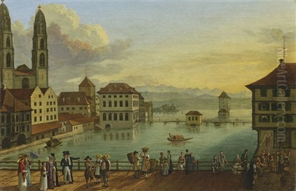 Ansicht Der Stadt Zurich Oil Painting by Johann Georg Sauter