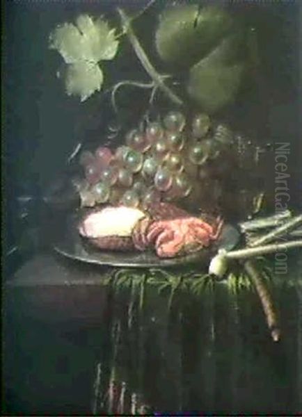 A Still Life With Small Bird Perched On A Pewter Plate      Containing Oysters And A Crab; Behind, A Bunch Of Grapes... Oil Painting by Dirk Sauts