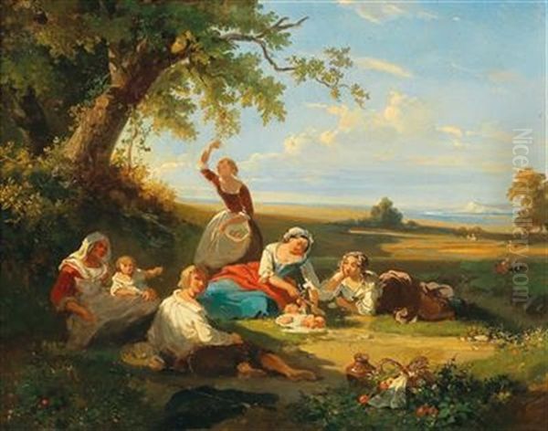 Country Folk Resting Under Trees At Midday Oil Painting by Piat Joseph Sauvage