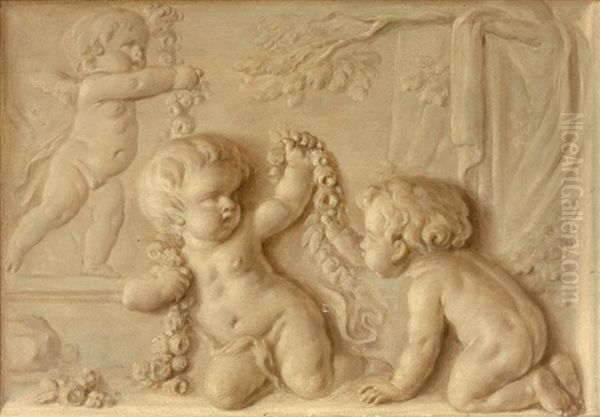 Putti Jouant Avec Une Guirlande Oil Painting by Piat Joseph Sauvage