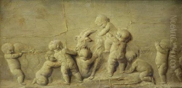 Trompe L'oeil Bas Relief Of Putti With A Goat Oil Painting by Piat Joseph Sauvage