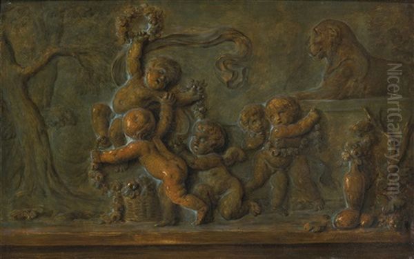 Putti Playing With A Garland Of Flowers, A Trompe-l'oeil Of A Bronze Bas-relief Oil Painting by Piat Joseph Sauvage