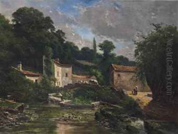 A Tranquil Village Oil Painting by Charles Theodore Sauvageot