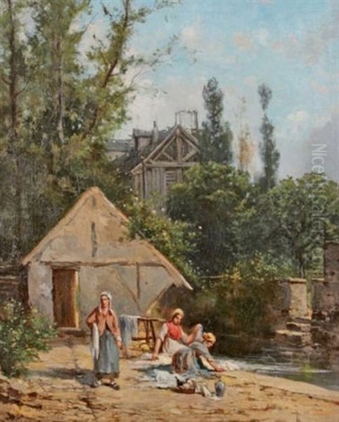 Les Lavandieres Pres Du Moulin Oil Painting by Charles Theodore Sauvageot