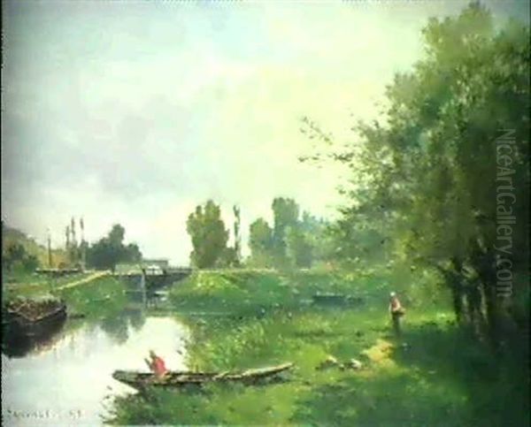 Franzosische Kanallandschaft Mit Fischer Oil Painting by Charles Theodore Sauvageot