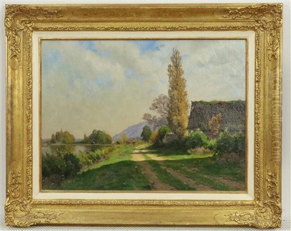 Een Landschap Langs De Rivier Oever Oil Painting by Adrien Jacques Sauzay