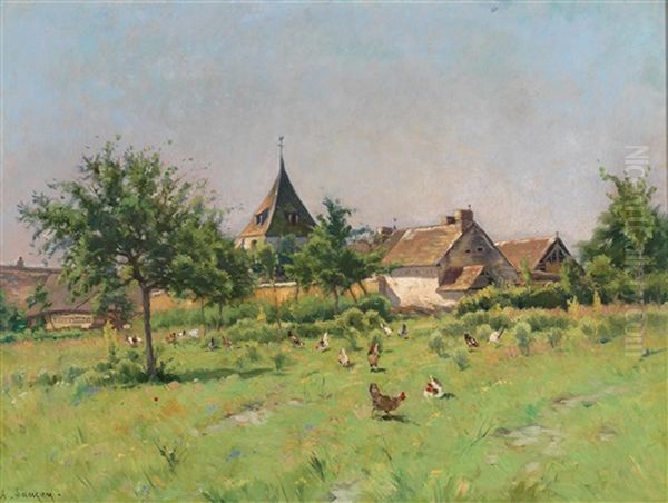 Chickens In A Meadow Outside A Village Oil Painting by Adrien Jacques Sauzay