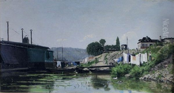 Un Lavoir Au Pecq Oil Painting by Adrien Jacques Sauzay