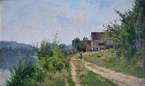 Promeneuse Sur Le Chemin Du Halage Oil Painting by Adrien Jacques Sauzay