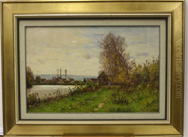 Wandelaarster Op Grasdijk Langs Een Kanaal Oil Painting by Adrien Jacques Sauzay