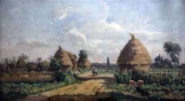 Landscape With Figures Beside Haystacks Oil Painting by Adrien Jacques Sauzay