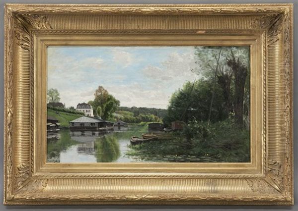 Riverside Scene Oil Painting by Adrien Jacques Sauzay