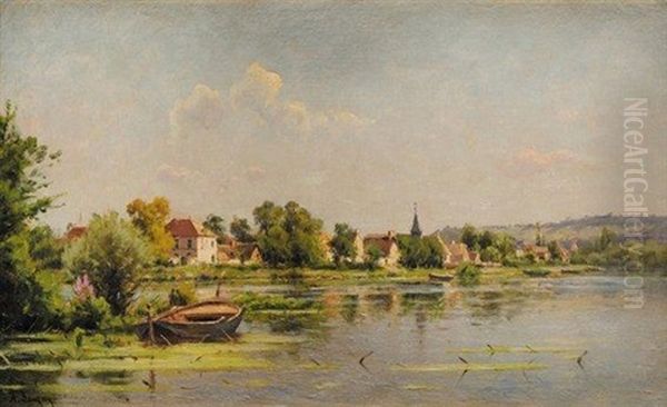 Bord De Riviere A Port-joie Oil Painting by Adrien Jacques Sauzay