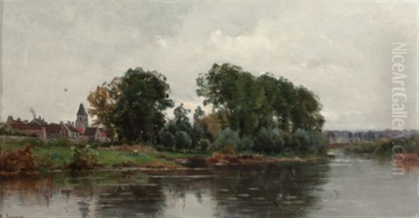 A Village On The River Oil Painting by Adrien Jacques Sauzay