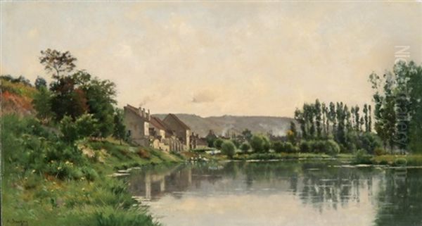 Baumbestandene Flusslandschaft Mit Gebauden Oil Painting by Adrien Jacques Sauzay