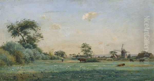 Wiesenlandschaft Mit Vieh Und Windmuhle Oil Painting by Adrien Jacques Sauzay