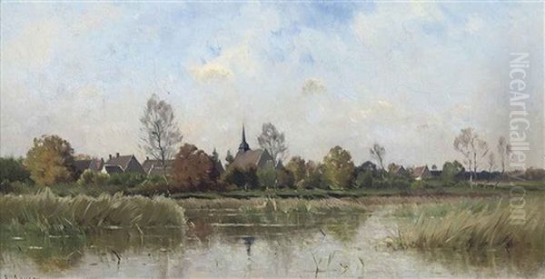 A Village On The River Oil Painting by Adrien Jacques Sauzay