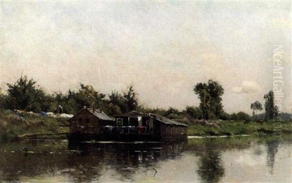 A Houseboat On A River Oil Painting by Adrien Jacques Sauzay