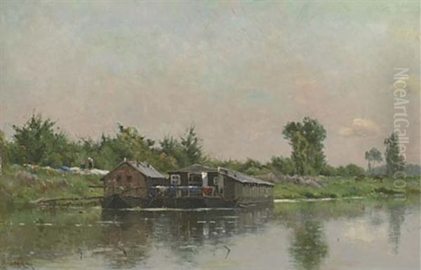 The Houseboat Oil Painting by Adrien Jacques Sauzay