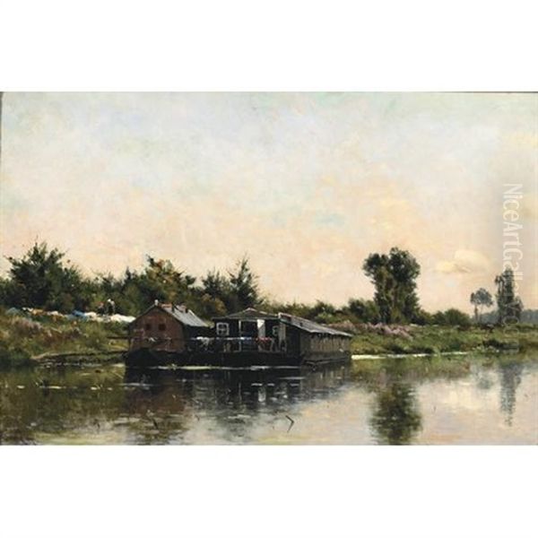 A River Scene With House Boats And Two Figures On The Bank Oil Painting by Adrien Jacques Sauzay