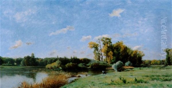 Flusslandschaft Mit Wascherin Oil Painting by Adrien Jacques Sauzay