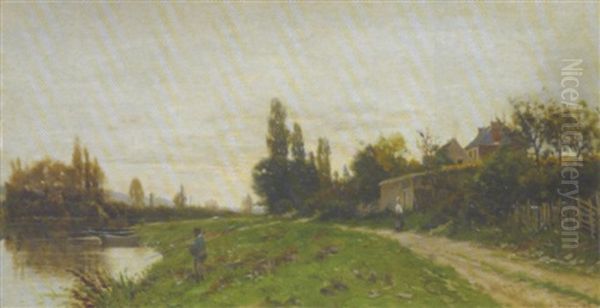 Paysage Avec Pecheur Oil Painting by Adrien Jacques Sauzay