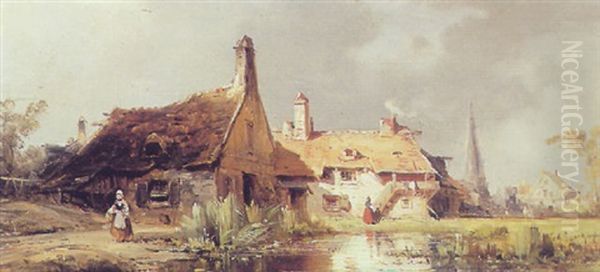 Farms By The Waterfront Oil Painting by Adrien Jacques Sauzay