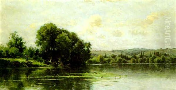 A Riverbank Oil Painting by Adrien Jacques Sauzay