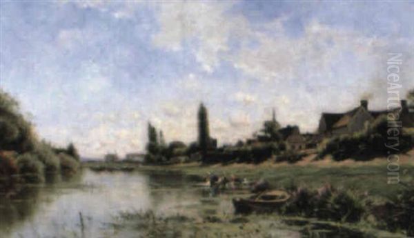 Washerwomen In A Landscape Oil Painting by Adrien Jacques Sauzay