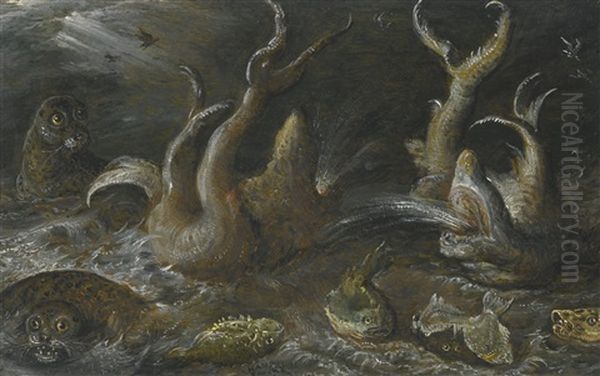 Sea Monsters With Seals, A Skate And Other Fish Oil Painting by Hans Savery the Elder