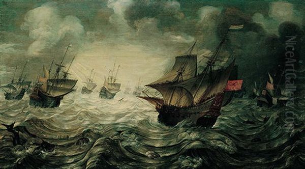 A Sea Piece, With Dutch Men-o'-war Offshore In Stormy Weather Oil Painting by Hans Savery the Elder