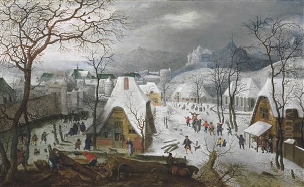 The Season Of Winter: A Snowy Landscape With A Wedding Procession And Figures Playing On The Ice Outside A Walled Town Oil Painting by Jacob Savery the Elder