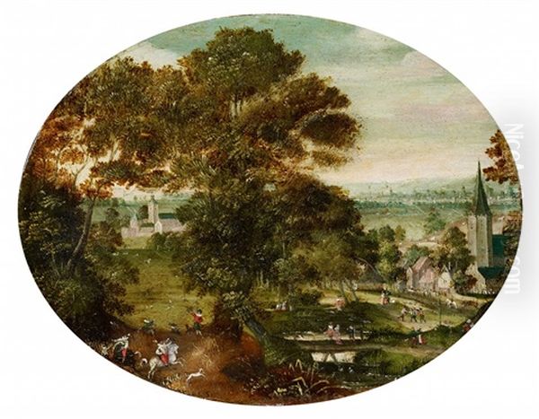 A Village Landscape With Hunters Oil Painting by Jacob Savery the Elder