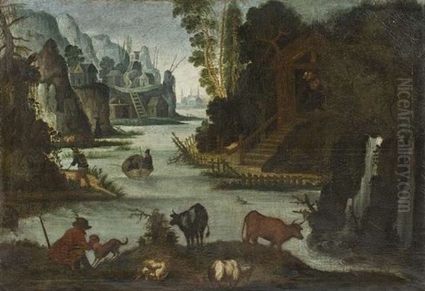 Phantastische Flusslandschaft Mit Tieren Und Monchsklausen Oil Painting by Jacob Savery the Elder